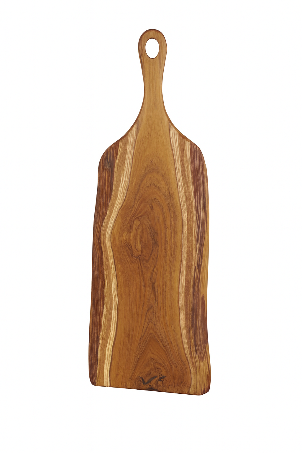 Wooden serving board with a handle on a white background