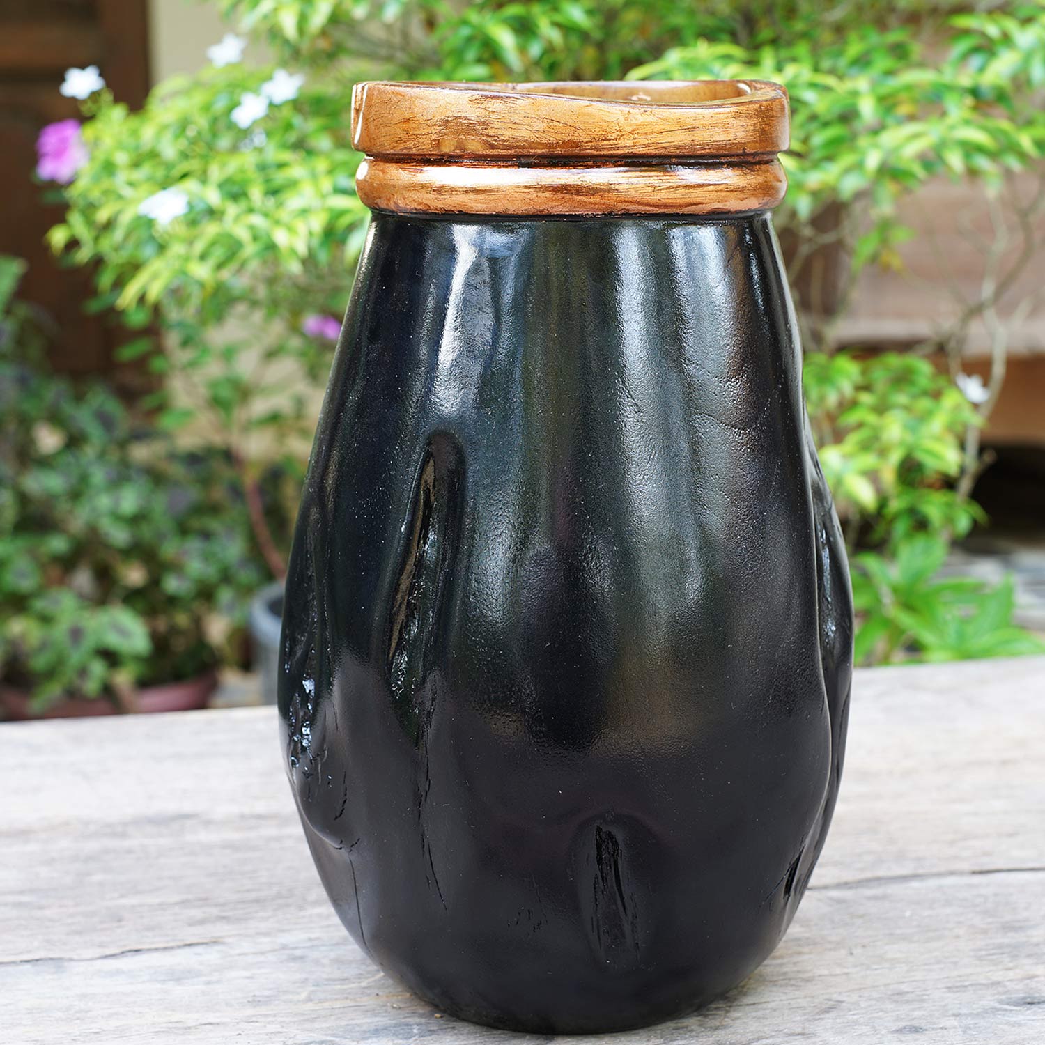 Rico & Plato Sam Black Teak Vase with Copper Leaf Accent - Thumbnail 4