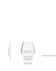 Clear glass with dimensions and capacity details on a white background
