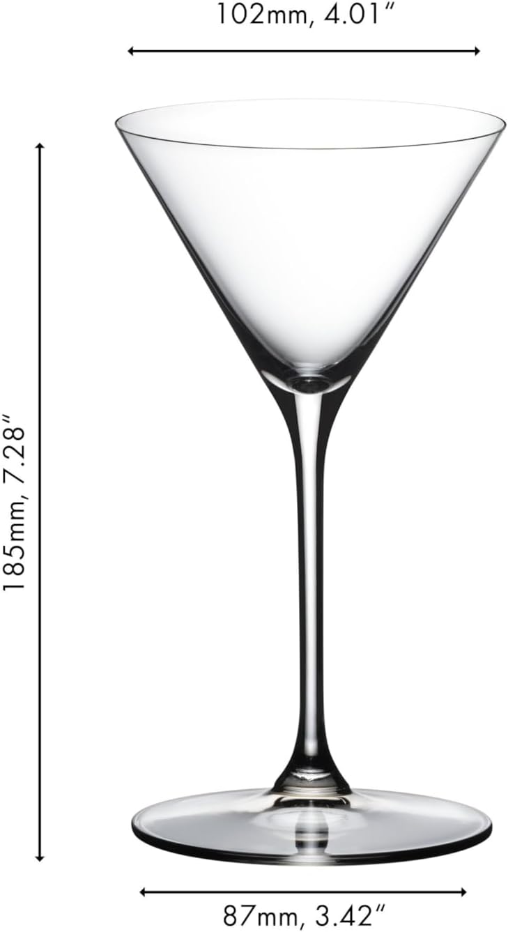 Cocktail glass with dimensions labeled on a white background