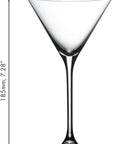 Cocktail glass with dimensions labeled on a white background