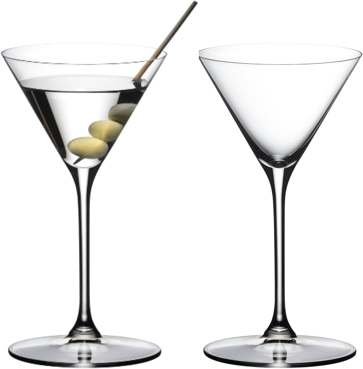 Two martini glasses with olive slices and a straw on a white background