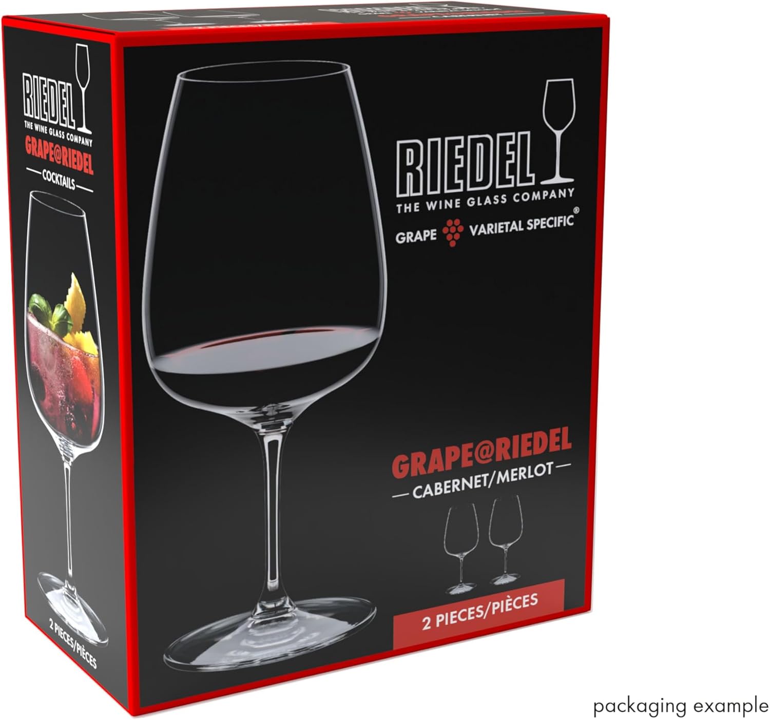 Riedel wine glass packaging with a glass of red wine on a black background