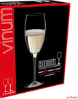 Riedel wine glass packaging with a glass of champagne on a black background