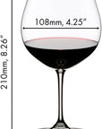A clear wine glass with red wine, shown with dimension labels for height, bowl width, and base width on a white background.