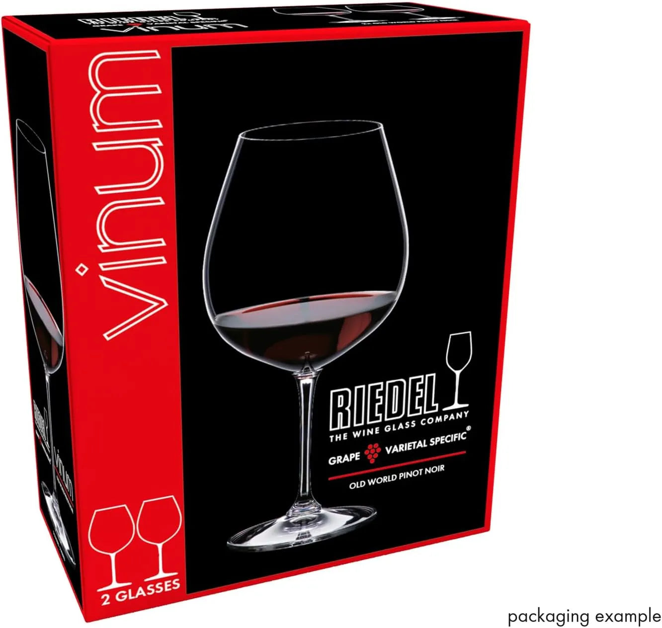 Riedel Vinum Grape Varietal Specific wine glass in its retail packaging, showing a large glass of red wine on a black and red box.
