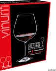 Riedel Vinum Grape Varietal Specific wine glass in its retail packaging, showing a large glass of red wine on a black and red box.