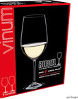 Riedel wine glass packaging with a glass of white wine inside