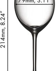 Wine glass with measurements indicated on a white background