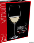 Riedel Vinum Graph Varietal Specific wine glass packaging box, featuring a black and red design with a graphic of a white wine glass on the front.