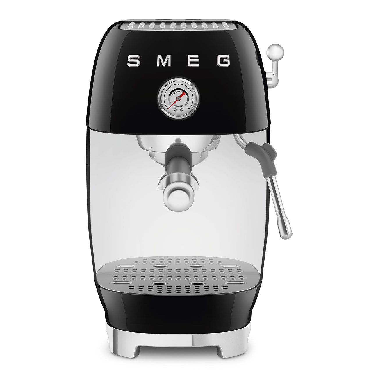 Front view of black SMEG espresso machine on a white background