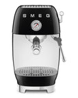 Front view of black SMEG espresso machine on a white background