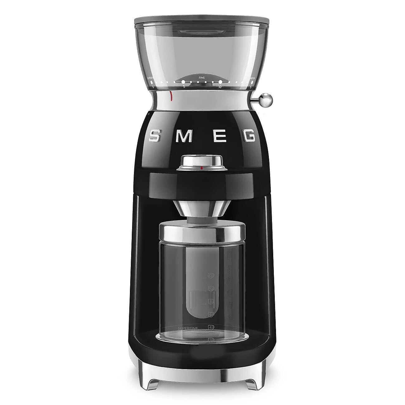 Front view of Black coffee grinder with glass container on a white background