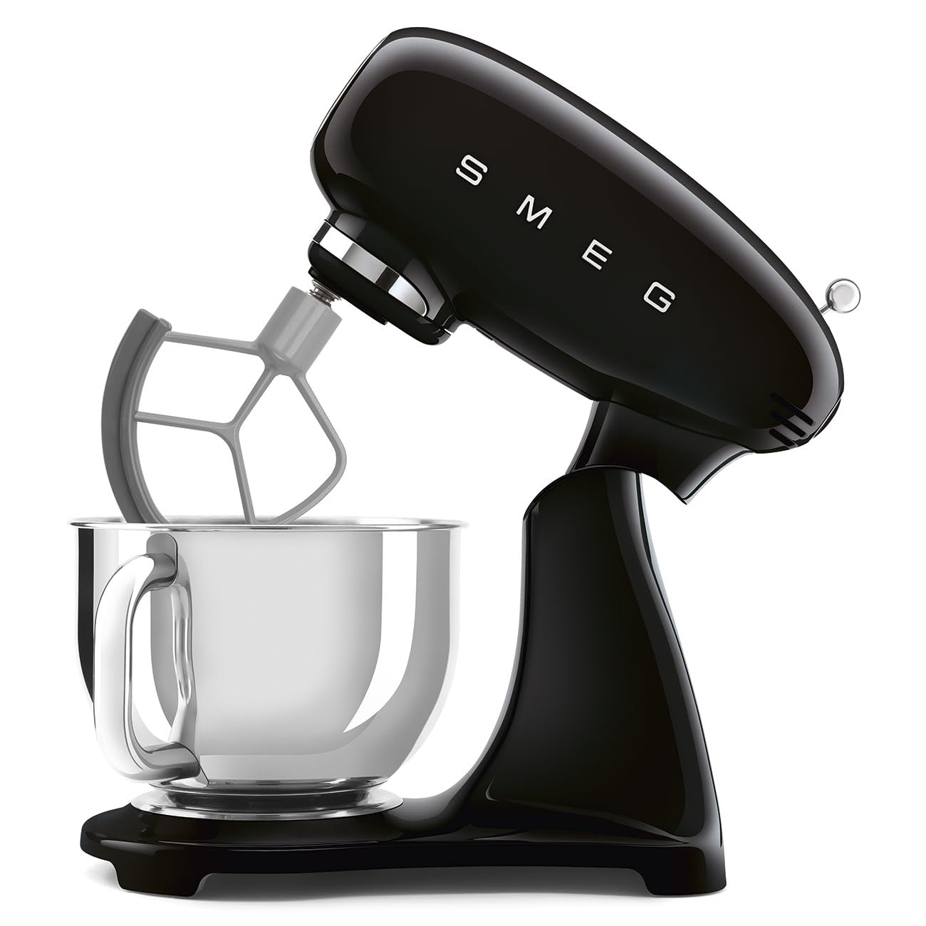 Black Smeg stand mixer slanted open with clear mixing bowl on a white background