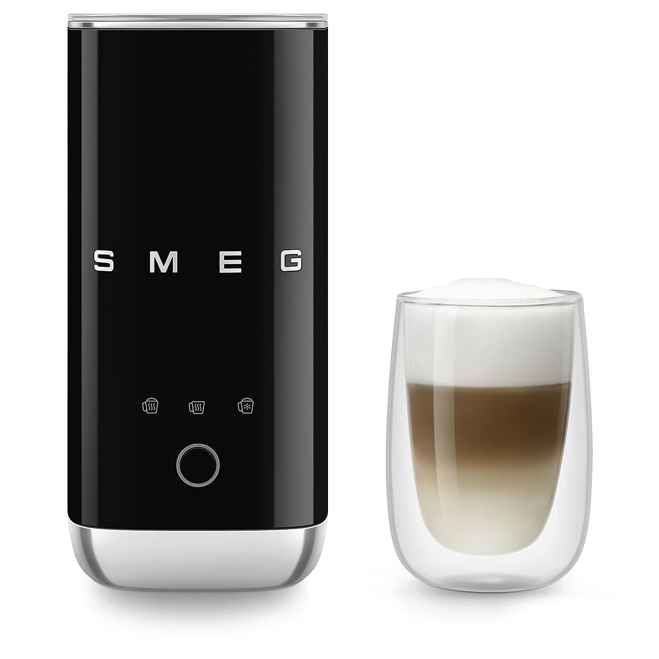 Black SMEG milk frother next to a glass of creamy coffee on a white background