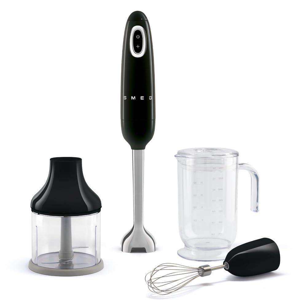 SMEG Handheld Immersion Blender with Beaker, Chopping Bowl w/Lid, Wire Whisk, 5 Speed Controls, made with Stainless Steel Blades and Ergonomic Design