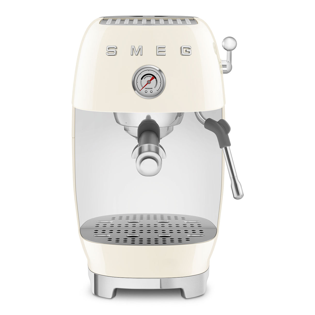 Front view of Cream-colored espresso machine with Smeg logo on a white background