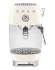 Front view of Cream-colored espresso machine with Smeg logo on a white background