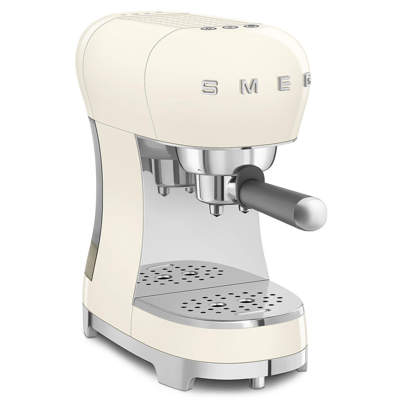 Cream-colored espresso machine with 'SMEG' logo on a white background