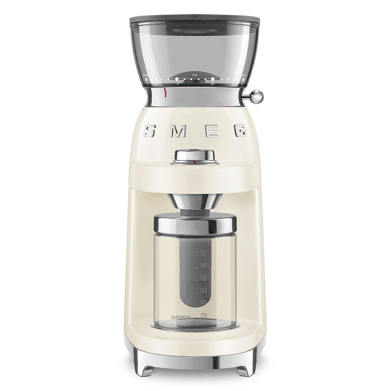 SMEG coffee grinder in cream with silver accents and a clear bean hopper, shown on a solid white background.