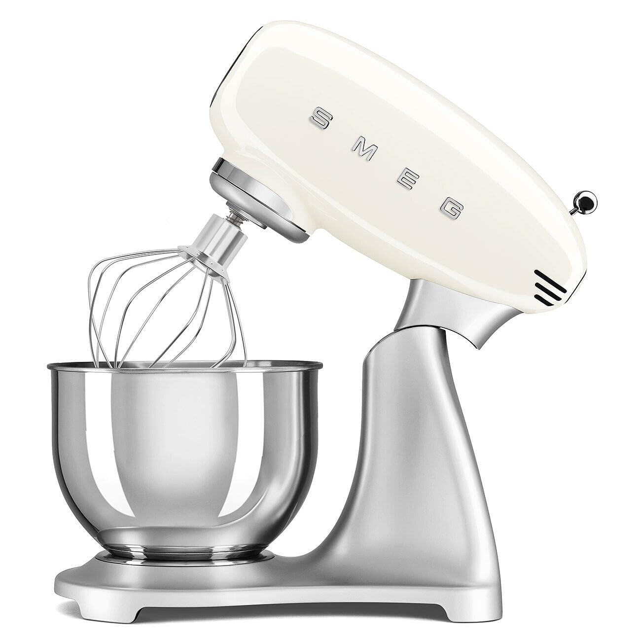Cream-colored stand mixer with whisk attachment slanted open on a white background