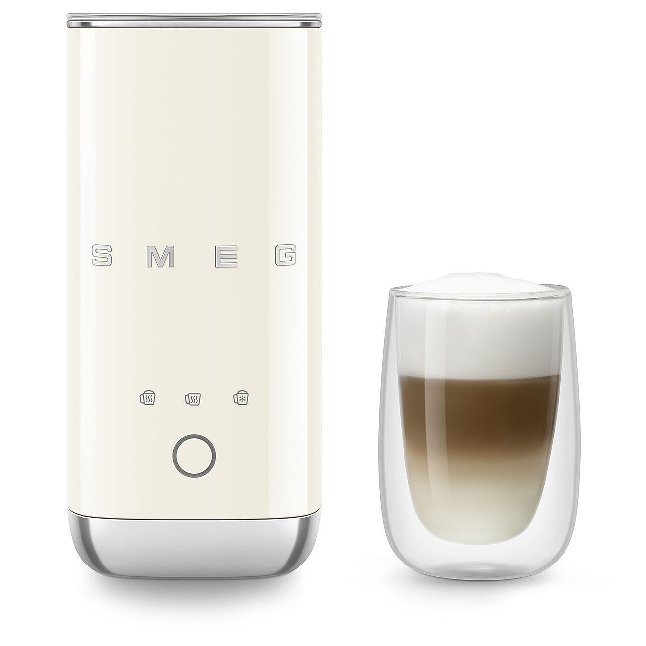 Cream SMEG milk frother next to a glass of creamy coffee on a white background