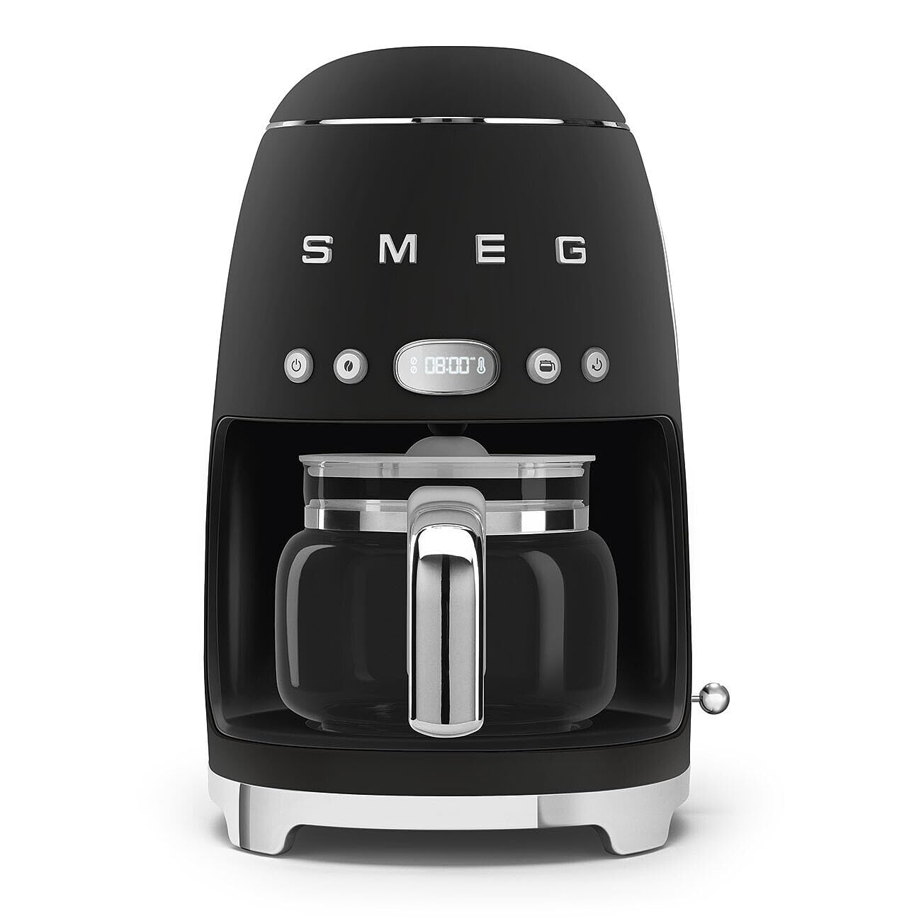 Front view of matte black Smeg coffee machine on a white background
