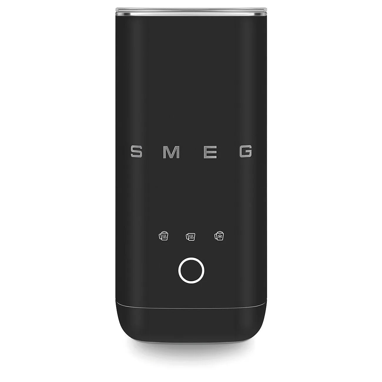 A black SMEG milk frother shown from a front-facing perspective on a clean white background.