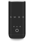 A black SMEG milk frother shown from a front-facing perspective on a clean white background.