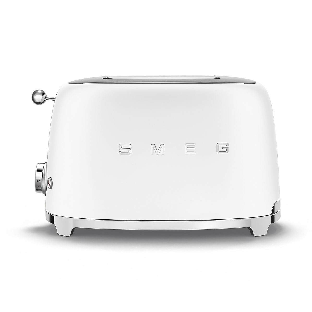 Front view of white toaster with SMEG logo on a white background
