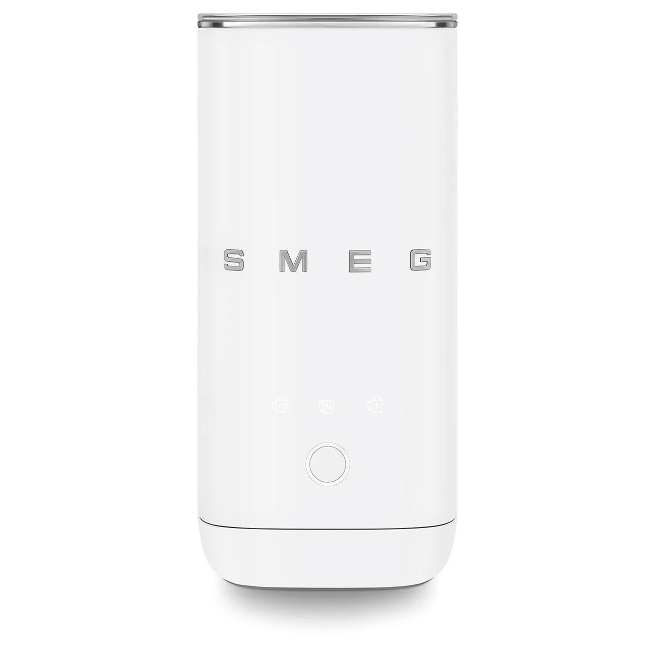 A white milk frother with the brand name SMEG in silver lettering on the front, featuring a circular button and three small indicator lights below the logo.