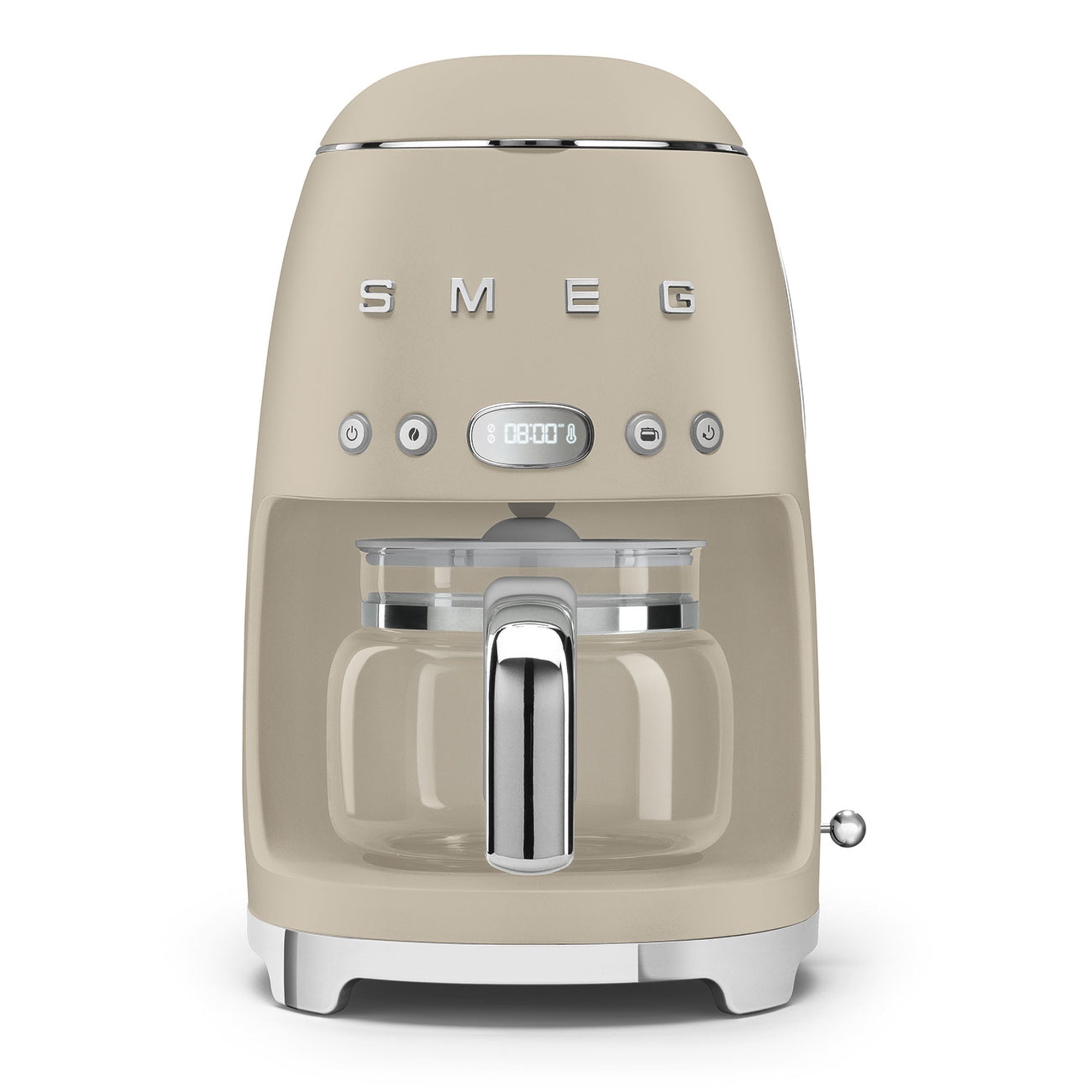 Front view of matte beige Smeg coffee machine on a white background