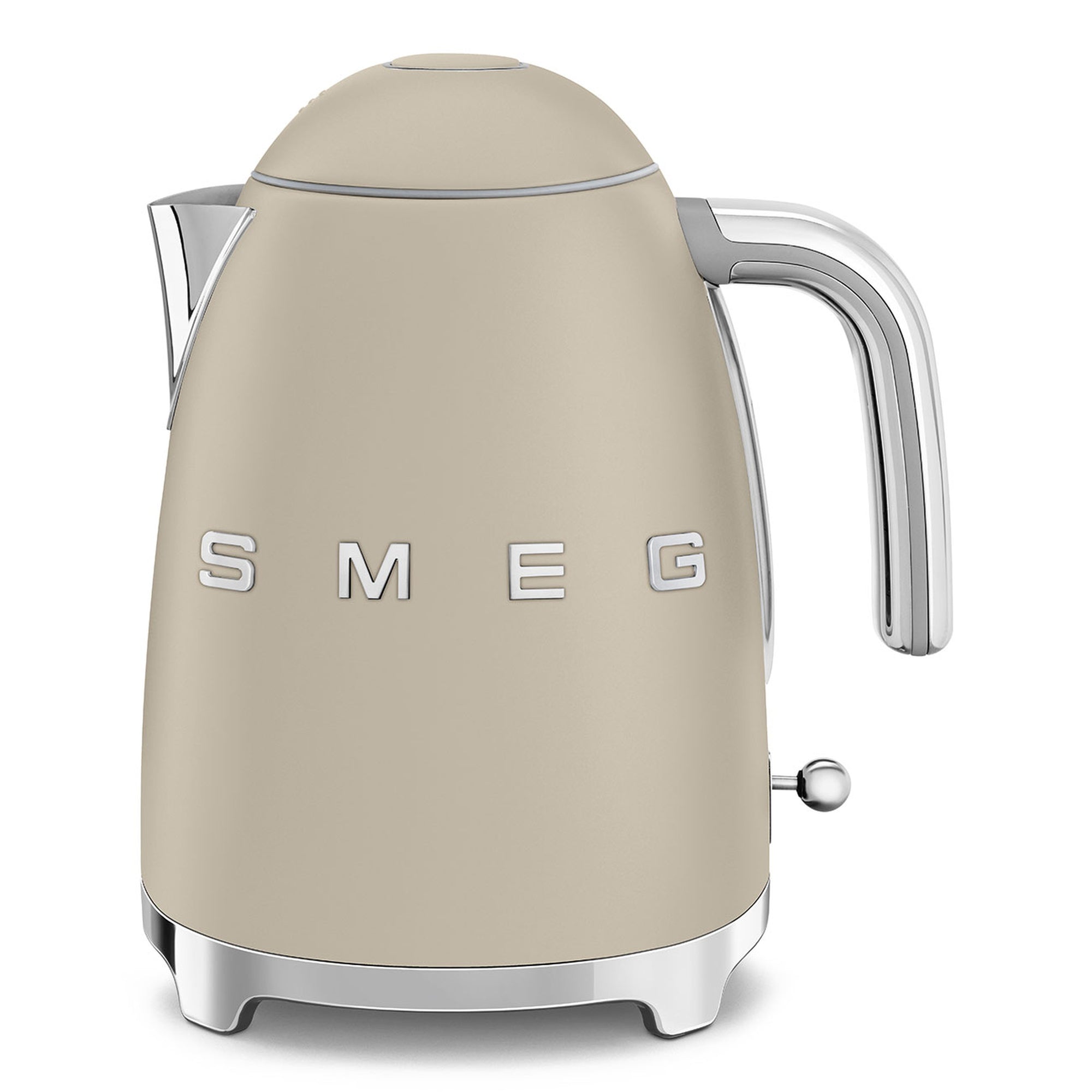 Front view of matte beige kettle with SMEG logo on a white background