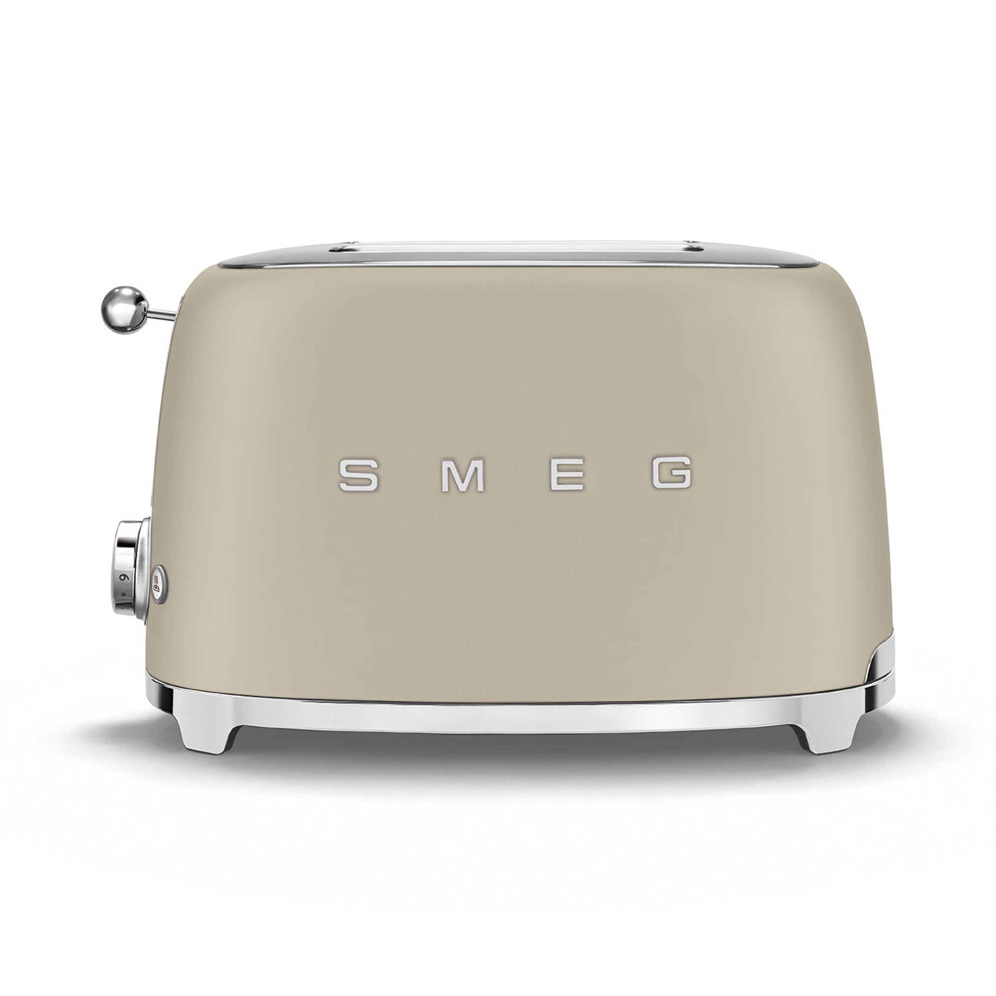 Front view of matte beige toaster with 'Smeg' branding on a white background