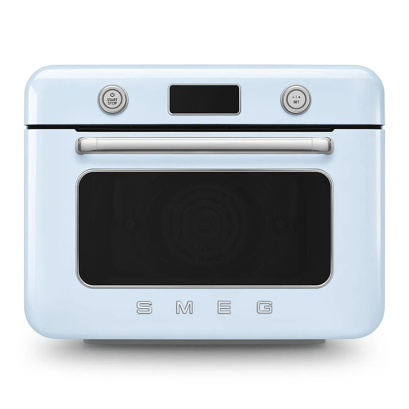 Front view of pastel blue Smeg retro line countertop air fry oven on a white background