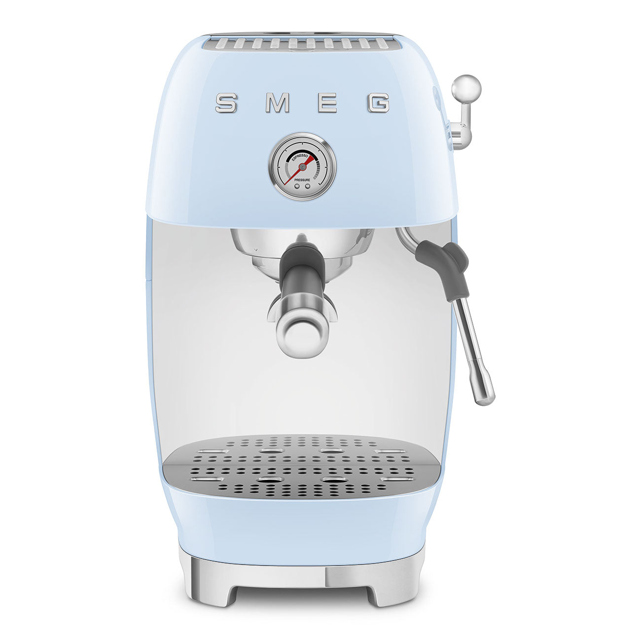 Front view of pastel blue SMEG espresso machine on a white background
