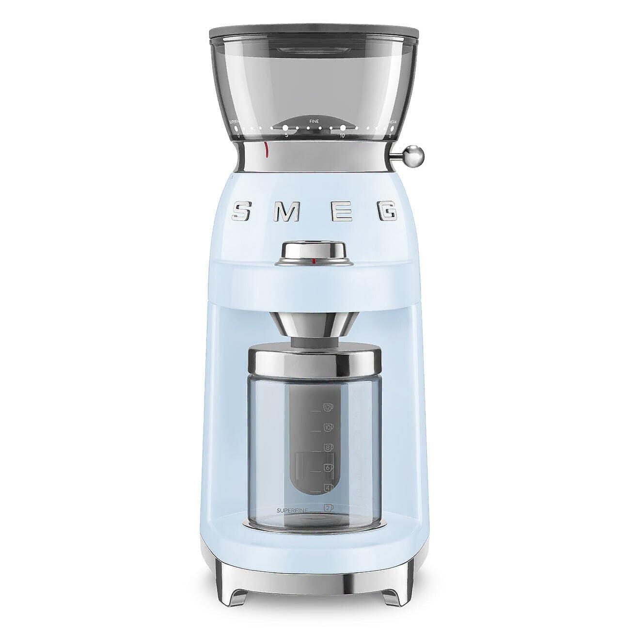 A light blue SMEG coffee grinder with a clear bean hopper, silver metal components, and a clear collection container, shown on a solid white background.