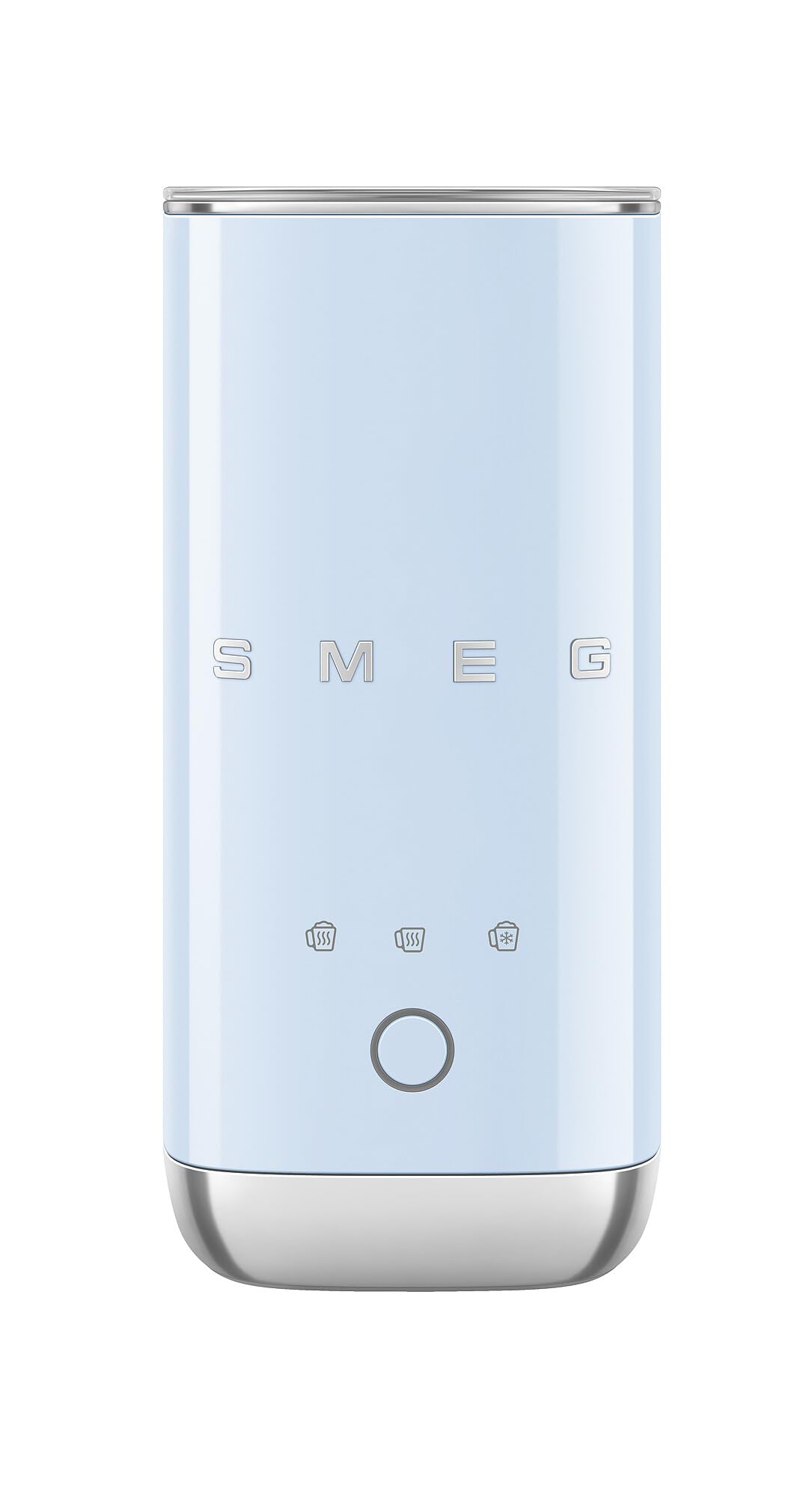 Front view of pastel blue SMEG milk frother displayed on a white background