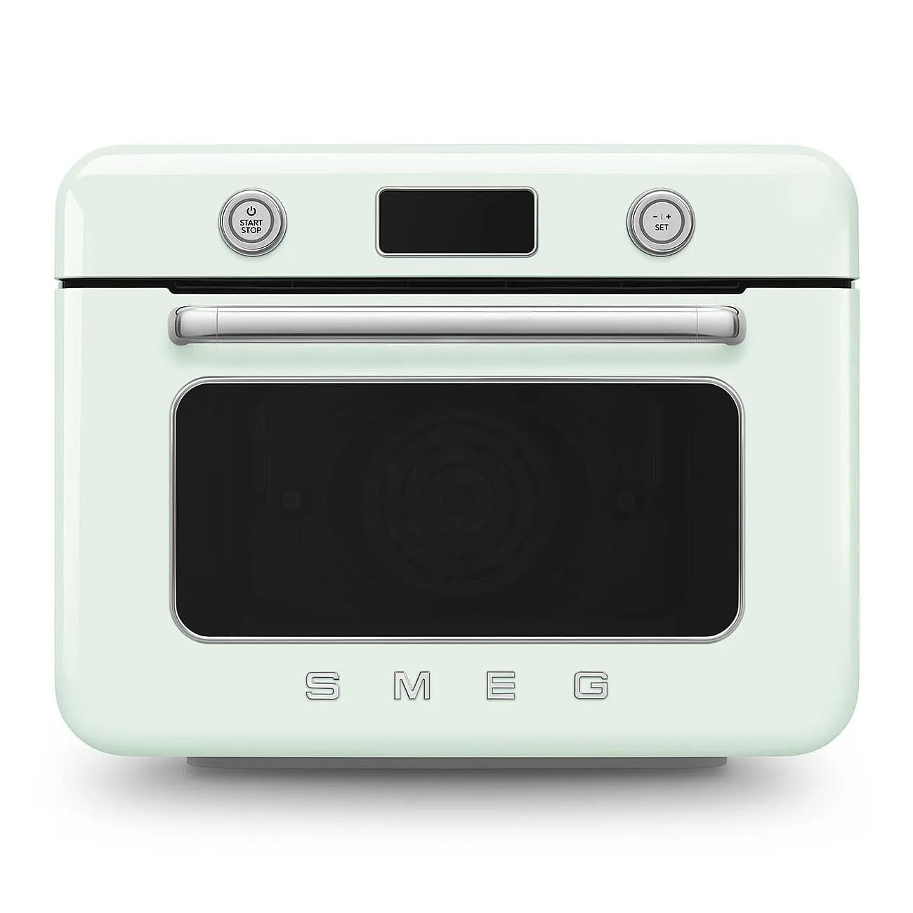 Front view of pastel green Smeg retro line countertop air fry oven on a white background