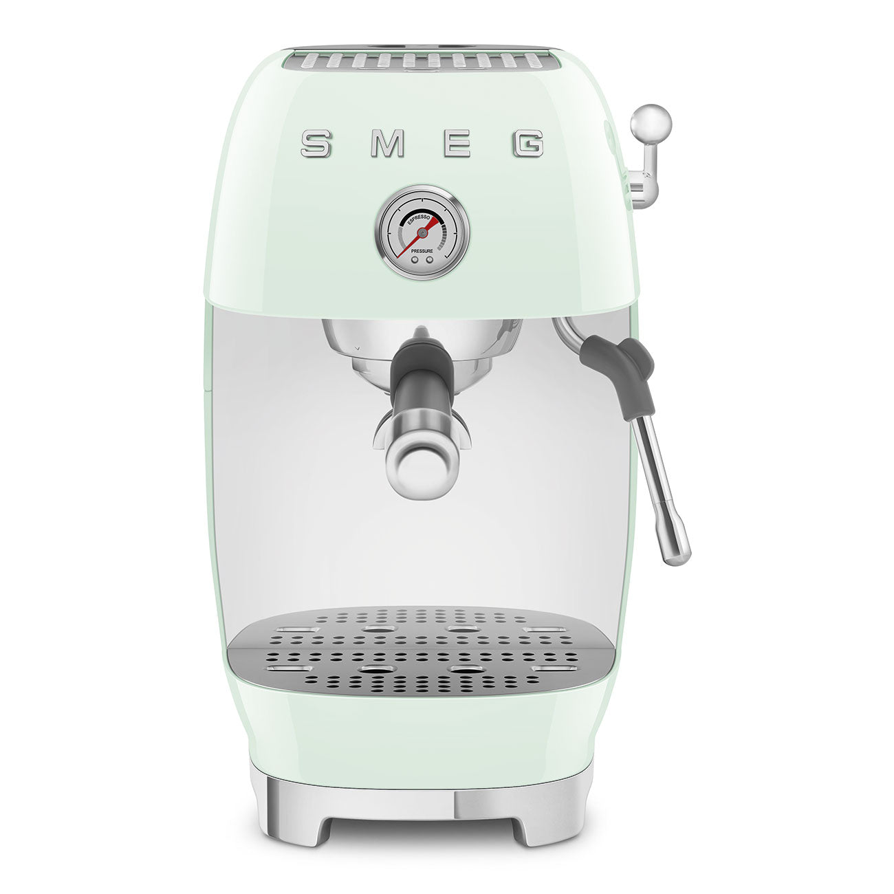 Front view of pastel green espresso machine with Smeg logo on a white background