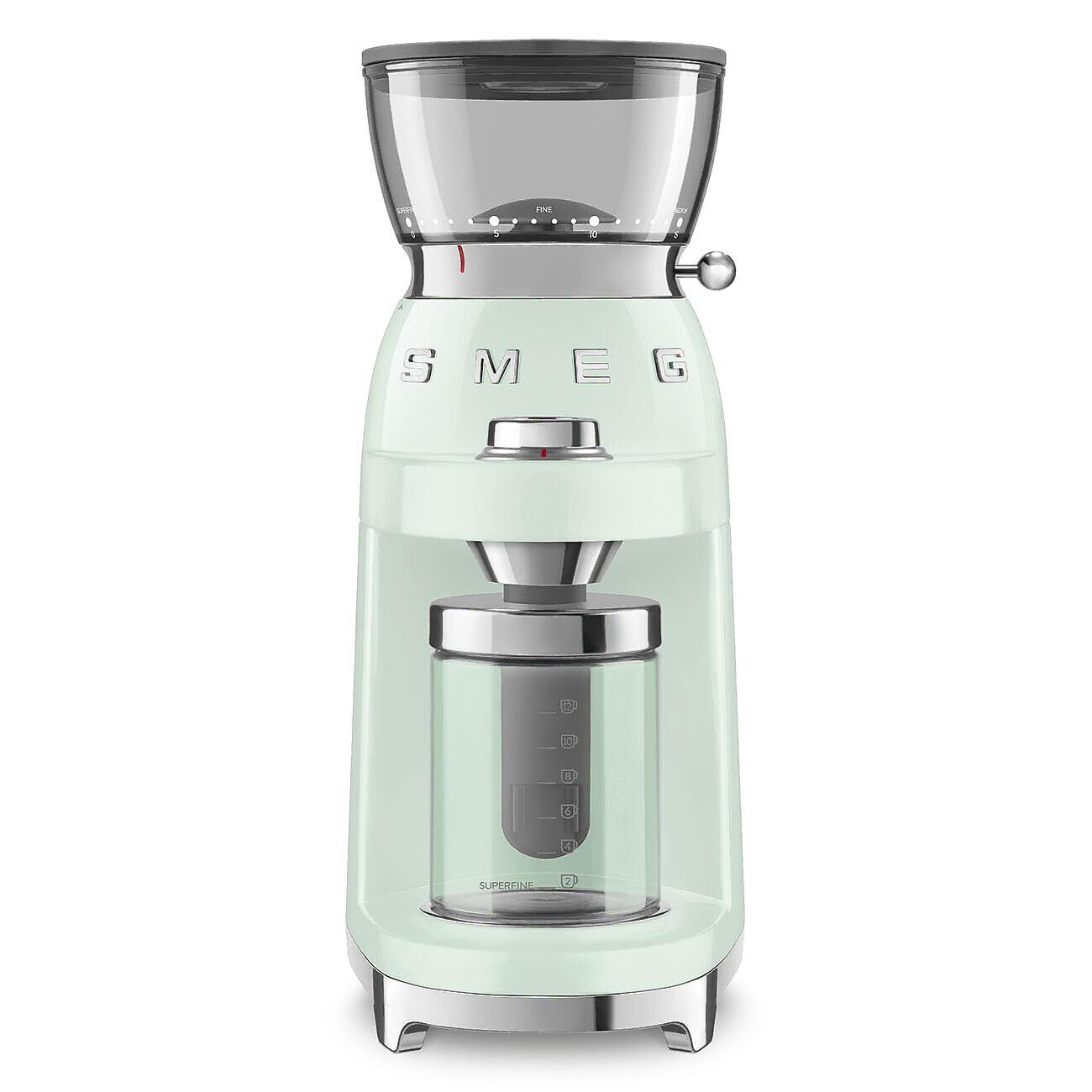 Front view of Mint green coffee grinder with glass container on a white background