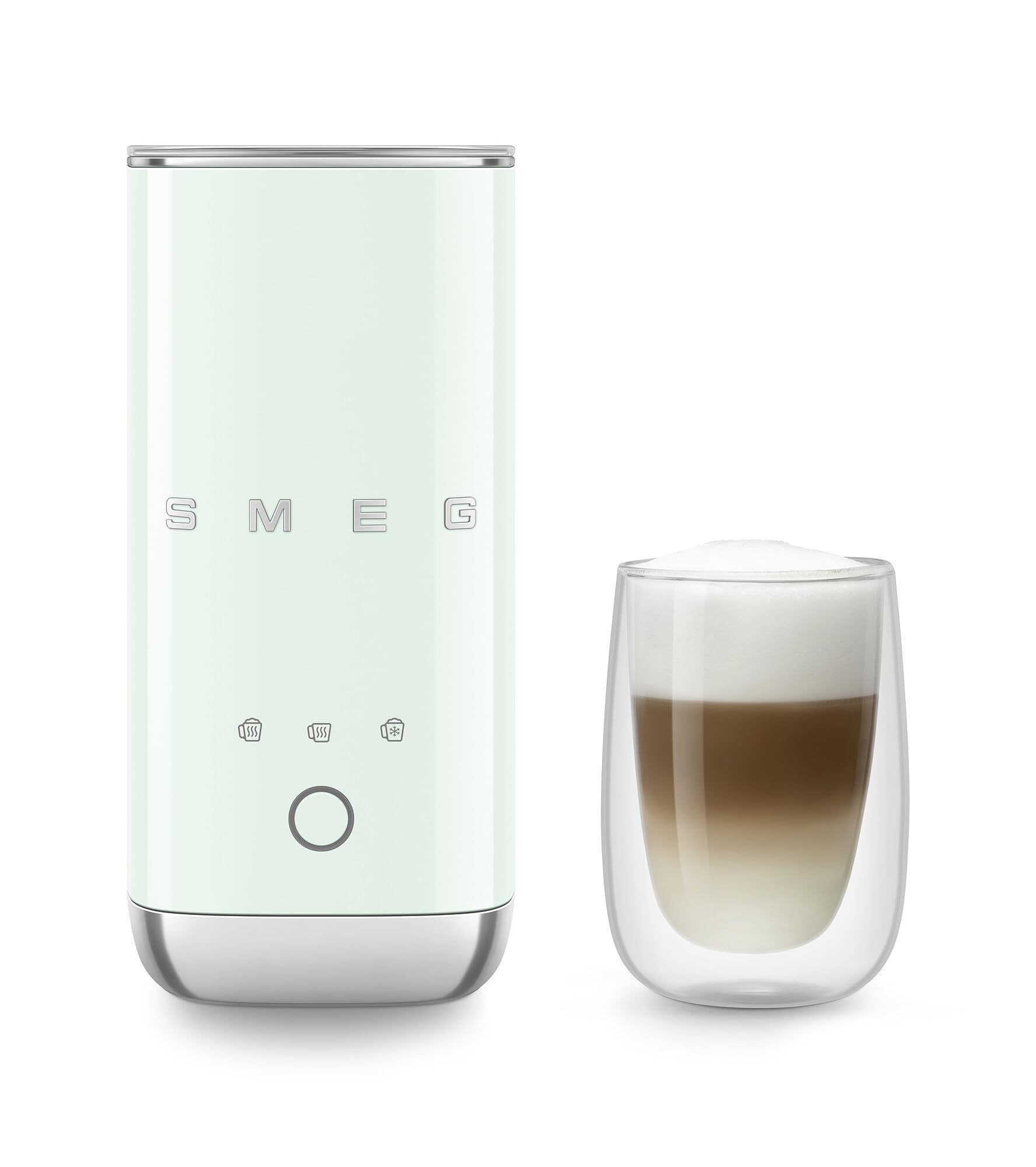 Pastel green SMEG milk frother next to a glass of creamy coffee on a white background