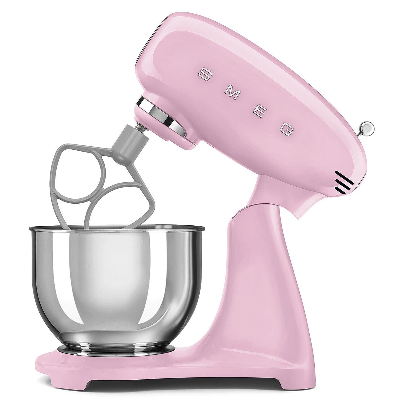 Pink stand mixer slanted open with a mixing bowl on a white background