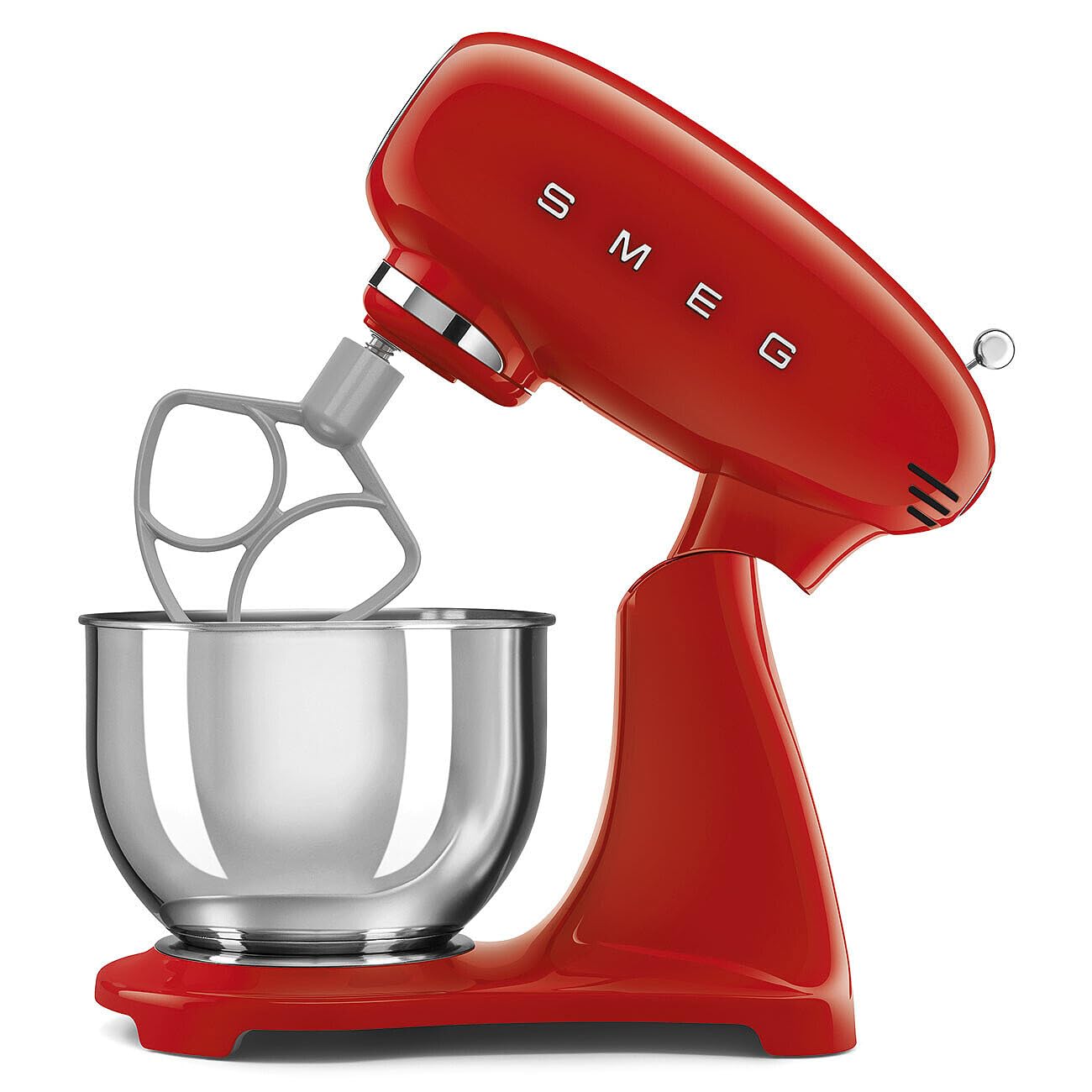 Red Smeg stand mixer slanted open with mixing bowl on a white background