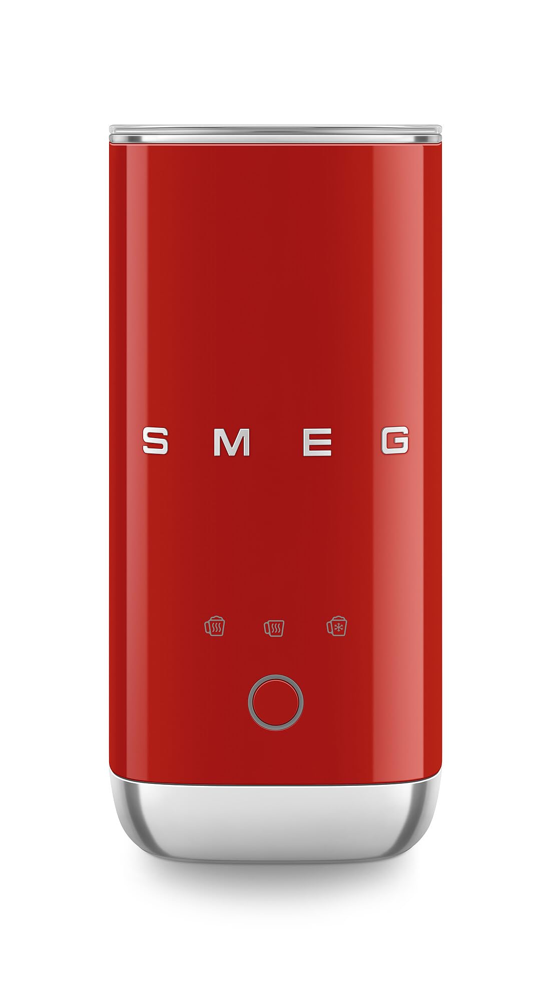 Front view of red SMEG milk frother displayed on a white background