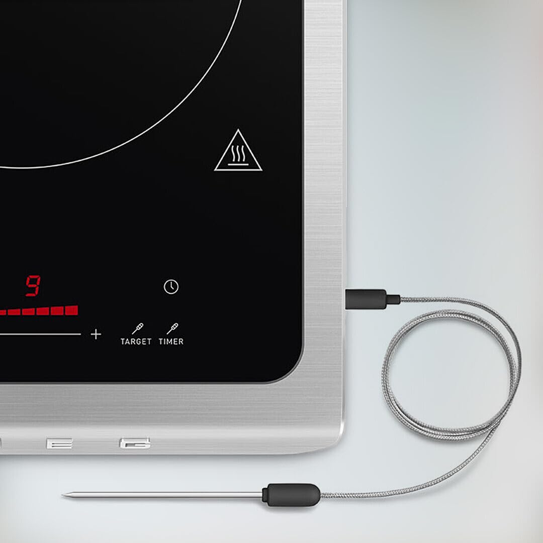 Induction cooktop with digital display and digital temperature probe on a white background