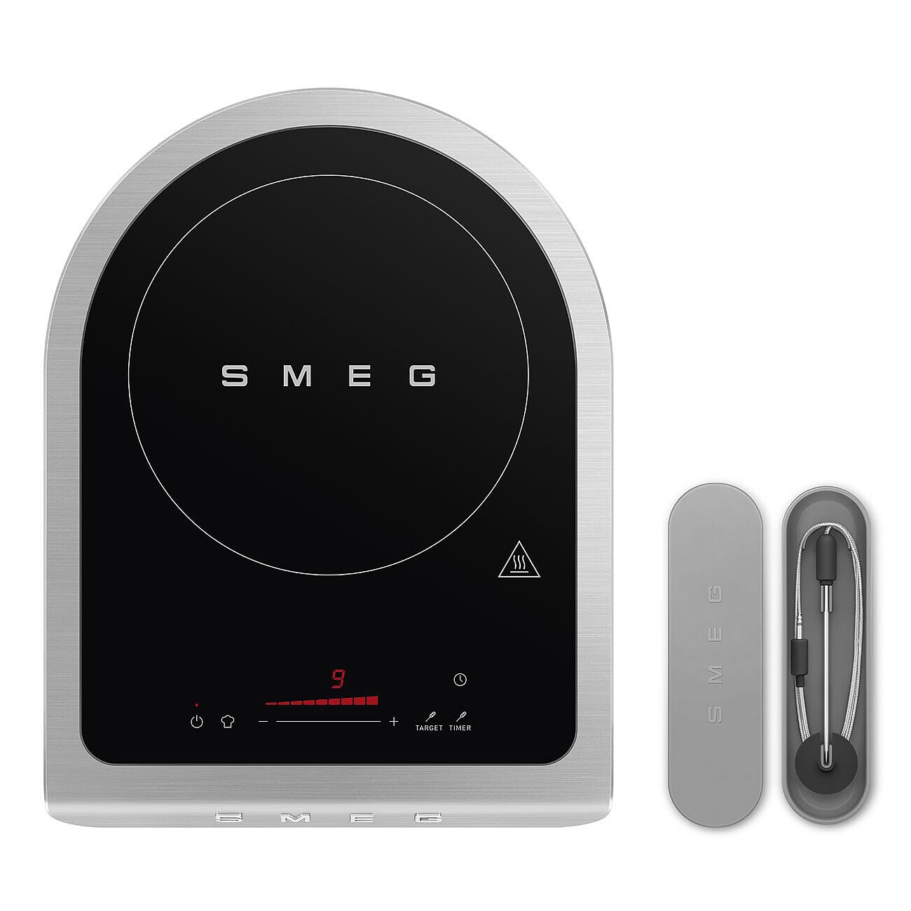 SMEG induction cooktop with control panel and accessories on a white background