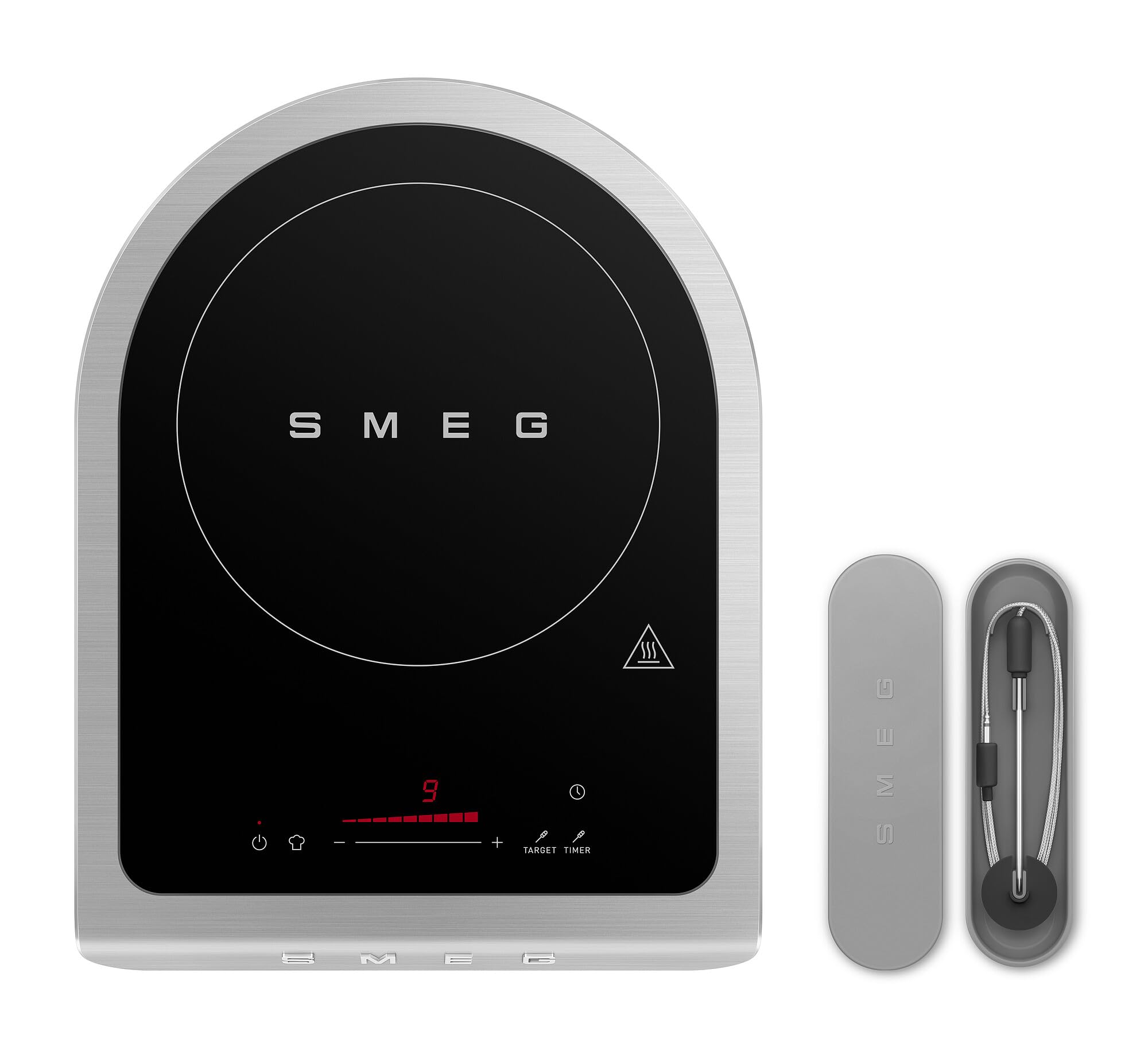 Smeg induction cooktop with temperature probe on a white background