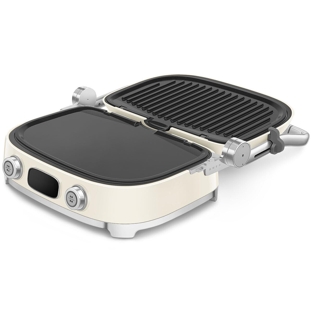 Cream Smeg grill with silver accents open on a white background