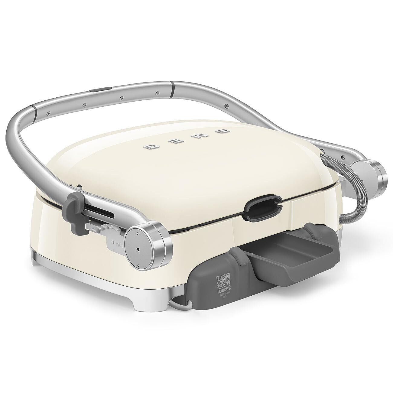 Back view of cream Smeg grill with silver accents on a white background